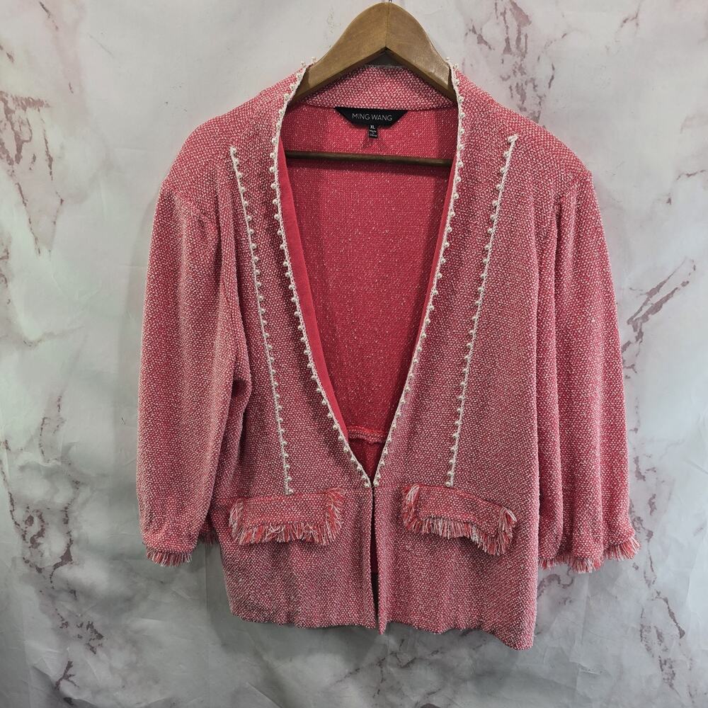 Ming Wang Jacket Womens XL Pink Pearl Tweed Blazer Formal Topper Fringe Puff